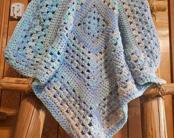 hand crochet pastel blues and cream baby blanket/lapghan.