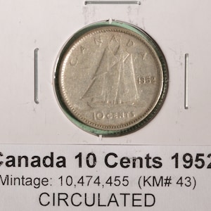 1952 Canada Silver Dime - Circulated - Nice Coin Album Collectable
