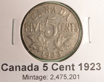 1923 Canada 5 Cent - Nickel - Circulated - Nice Coin Album Collectable