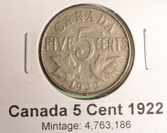 1922 Canada 5 Cent - Nickel - Circulated - Nice Coin Album Collectable