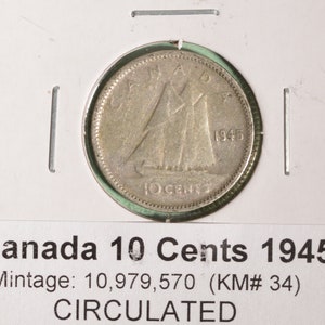 1945 Canada Silver Dime - Circulated - Nice Coin Album Collectable