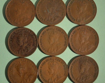 NICE STARTER SET of King George V Pennies 1920-1936 - 9 Different Dates