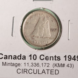 1949 Canada Silver Dime - Circulated - Nice Coin Album Collectable