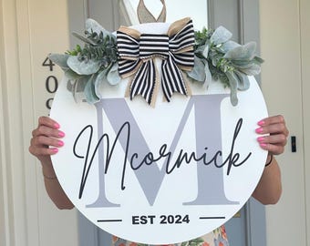 Front Door Hanger | Personalized Door Decor | Wooden Last Name Sign | Front Door Wreath | Established Sign | Anniversary Gift