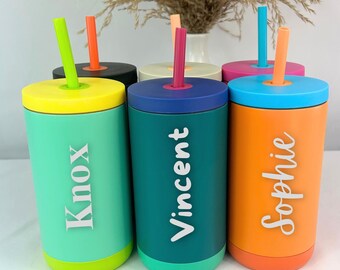 Personalized Kids Water Bottle with Straw, Back to School, 12 oz Stainless Steel Custom Laser Engraved for Boys and Girls, Summer Camp
