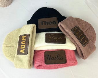 Custom Beanie for Kids, Leather Patch Beanies Personalized Gift for Kids Christmas Gifts, Baby Newborn Beanies, Signature Cursive, Patch Hat