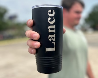 Custom Personalized 20 Ounce Travel Tumbler Etched Metallic Silver Engraved Stainless Steel Insulated Polar Camel Cup Gift with Handle