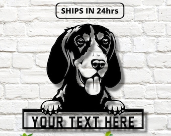 May include: Black and white metal silhouette of a dog peeking over a sign that says "YOUR TEXT HERE".