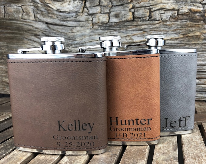 Leather flask, Groomsman Gift, Personalized Flask Set for Men- Custom Engraved Leather Hip Flask, Flask for man, Groomsmen Gifts, Guy Gift