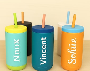 Personalized Kids Water Bottle with Straw, Back to School, 12 oz Stainless Steel Custom Laser Engraved for Boys and Girls, Summer Camp