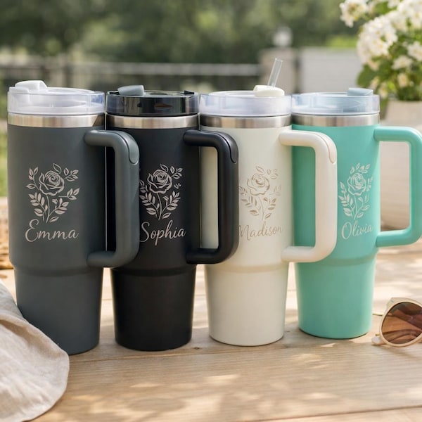 Vaso personalizado de 30 oz con asa / Acero inoxidable con aislamiento personalizado, no marca Stanley Quencher, vaso personalizado para dama de honor