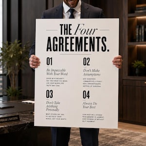 K&ouml;nnte beinhalten: Ein wei&szlig;es rechteckiges Plakat mit dem schwarzen Text THE FOUR AGREEMENTS. Es listet vier nummerierte Prinzipien auf: 01 Be Impeccable With Your Word, 02 Don't Make Assumptions, 03 Don't Take Anything Personally und 04 Always Do Your Best mit Beschreibungen.