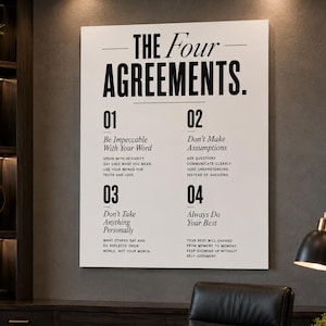 K&ouml;nnte beinhalten: Ein wei&szlig;es, rechteckiges Wandbild mit schwarzem Text unter dem Titel The Four Agreements. Es listet vier nummerierte Prinzipien auf: Be Impeccable With Your Word, Don't Make Assumptions, Don't Take Anything Personally und Always Do Your Best.