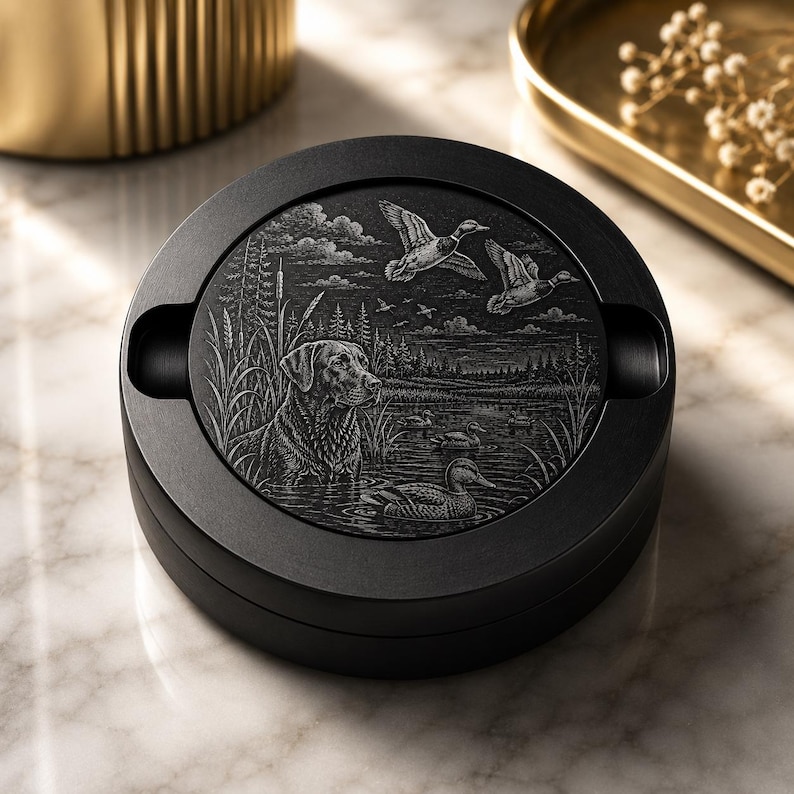 May include: A round black ashtray featuring a detailed monochromatic engraving on its lid. The artwork depicts a Labrador retriever sitting in tall grass near a marsh, with several ducks swimming in the water and two ducks flying overhead.