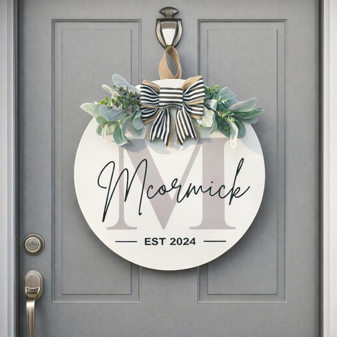 Custom Family Name Door Sign, Personalized Last Name Round Wood Sign ...