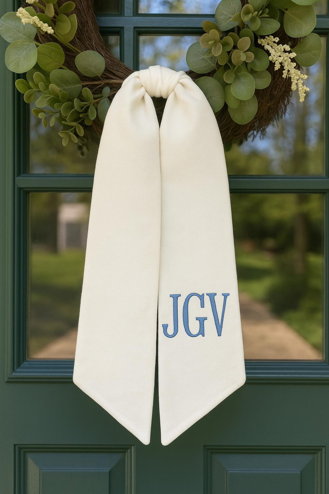 Monogram Wreath Sash, Wreath Sash For Front Door, Embroidered Front Door Bow, Initial Door Sash, Monogram Wreath Ribbon,Wreath Scarf - Font 2, Navy