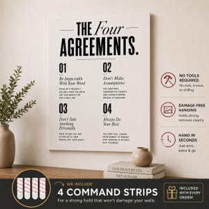 K&ouml;nnte beinhalten: Ein rechteckiges, wei&szlig;es Wandbild mit dem schwarzen Text The Four Agreements, das vier nummerierte Prinzipien auflistet. Rechts daneben zeigen drei kreisf&ouml;rmige Symbole die Merkmale: kein Werkzeug erforderlich, schadensfreies Aufh&auml;ngen und schnelle Montage.