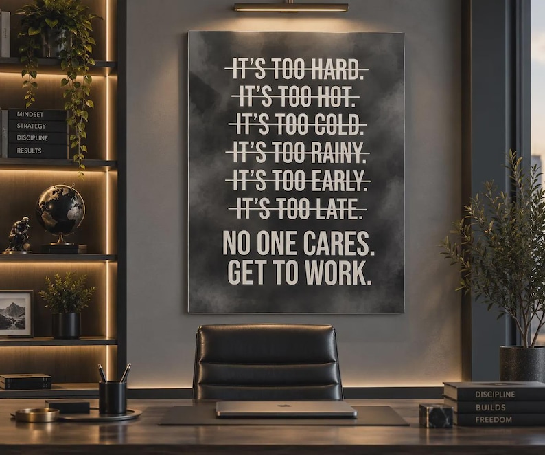 May include: A rectangular wall art print with a dark gray, smoky background featuring white text that reads: IT'S TOO HARD. IT'S TOO HOT. IT'S TOO COLD. IT'S TOO RAINY. IT'S TOO EARLY. IT'S TOO LATE. NO ONE CARES. GET TO WORK.