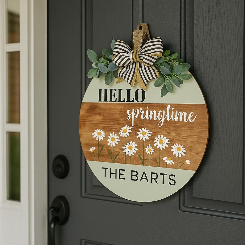 Personalized Spring Door Hanger - Custom Wood Round Sign - Hello ...
