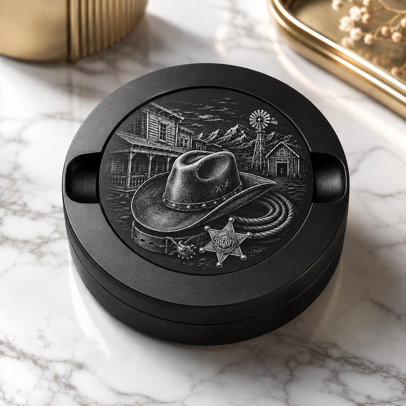 May include: A round black ashtray featuring a detailed monochromatic engraving of a cowboy hat, a coiled lasso, a sheriff star badge, and a western landscape with a windmill and wooden buildings. The design is centred on the flat top surface.