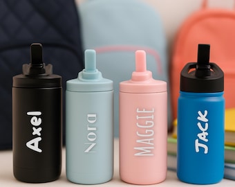 Personalized Kids Water Bottle with Straw, Back to School, 12 oz Stainless Steel Custom Laser Engraved for Boys and Girls, Summer Camp
