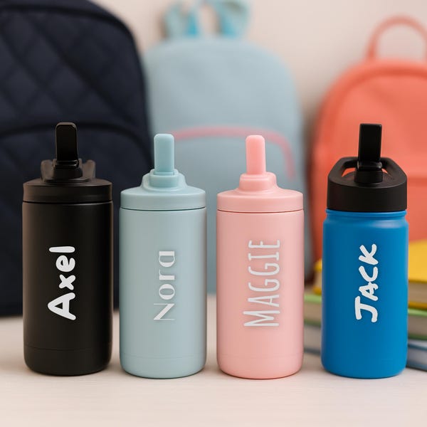 Personalized Kids Water Bottle with Straw, Back to School, 12 oz Stainless Steel Custom Laser Engraved for Boys and Girls, Summer Camp