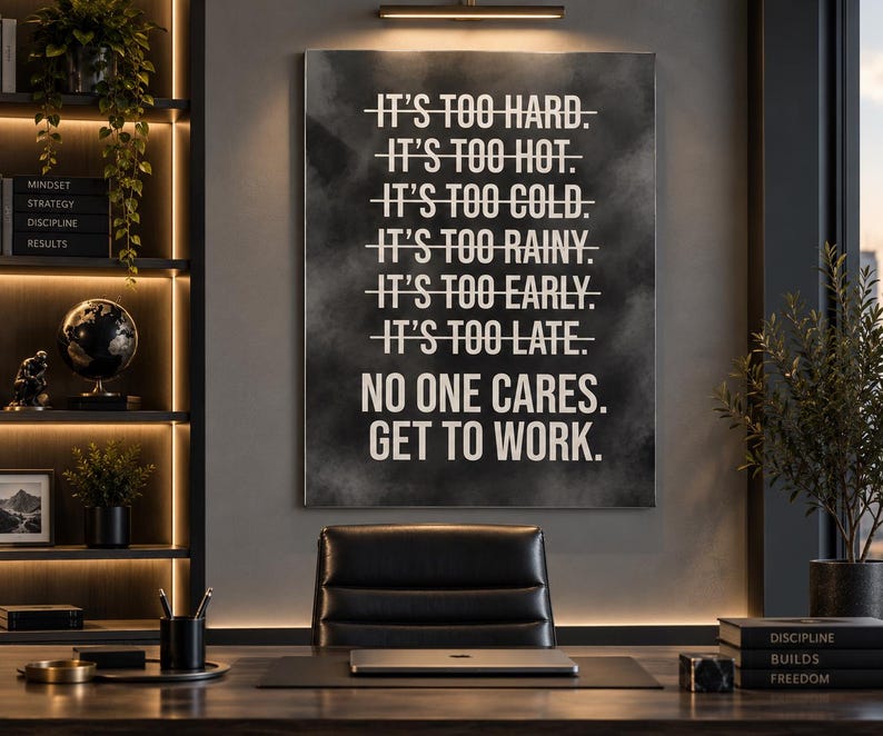K&ouml;nnte beinhalten: Ein rechteckiges Wandbild mit einem dunkelgrauen, rauchigen Hintergrund und wei&szlig;em Text: IT'S TOO HARD, IT'S TOO HOT, IT'S TOO COLD, IT'S TOO RAINY, IT'S TOO EARLY, IT'S TOO LATE, NO ONE CARES. GET TO WORK. Jede Zeile ist mit einem Strich durchgestrichen.