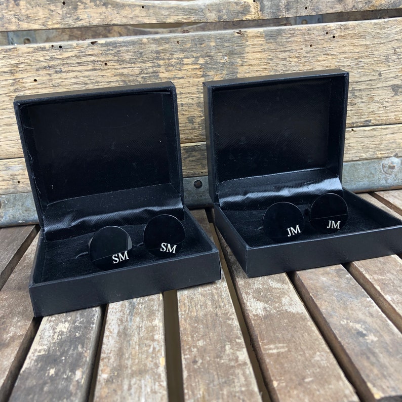 Black Round Groomsmen Cufflinks Personalized Groomsmen Gift Engraved Custom Cuff Link Set for Groom, Husband, Men Gift Boxed, proposal image 5