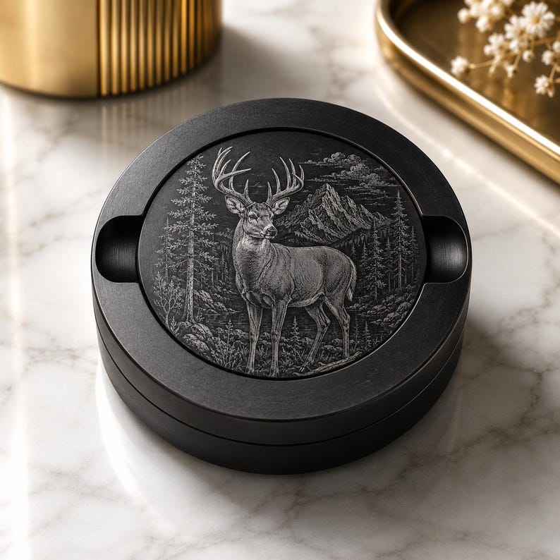 May include: A circular black ashtray featuring a detailed engraved illustration of a stag standing in a forest with mountains in the background. The ashtray has two side notches and a matte finish, showcasing a monochromatic nature scene.