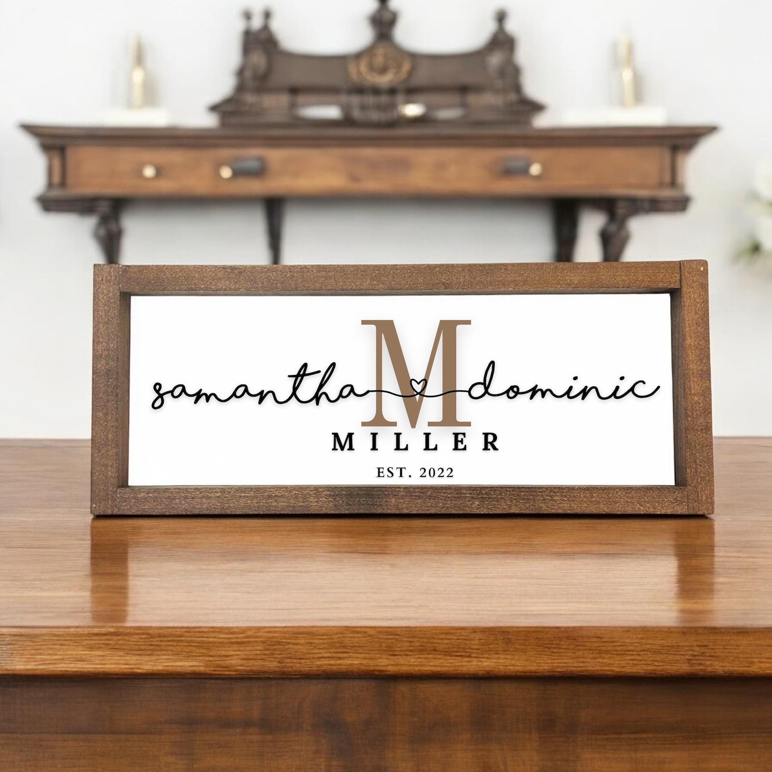 Personalized Last Name Monogram Sign | Modern Farmhouse Wedding Established Date Gift | Personalized Bridal Shower Gift, Custom Wood Sign - 24x8, Dark Walnut
