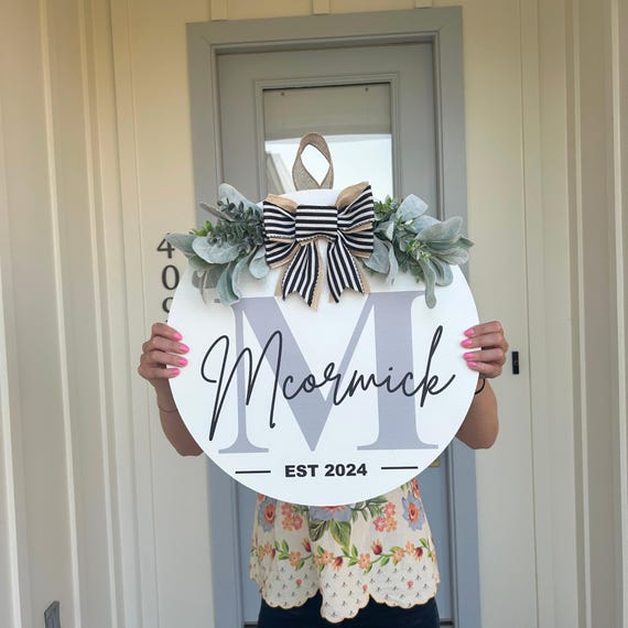Front Door Hanger | Personalized Door Decor | Wooden Last Name Sign | Front Door Wreath | Established Sign | Anniversary Gift