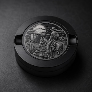May include: A circular matte black ashtray featuring a detailed monochromatic engraving on its top surface. The artwork depicts a lone cowboy on horseback in a desert landscape with mesas, cacti, and a large full moon in the night sky.