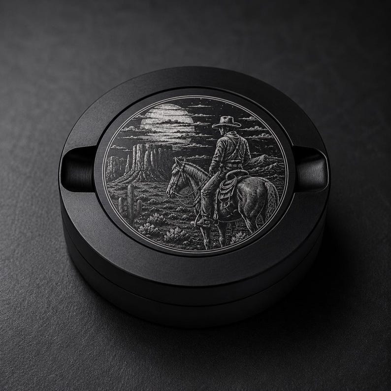 May include: A circular matte black ashtray featuring a detailed monochromatic engraving on its top surface. The artwork depicts a lone cowboy on horseback in a desert landscape with mesas, cacti, and a large full moon in the night sky.