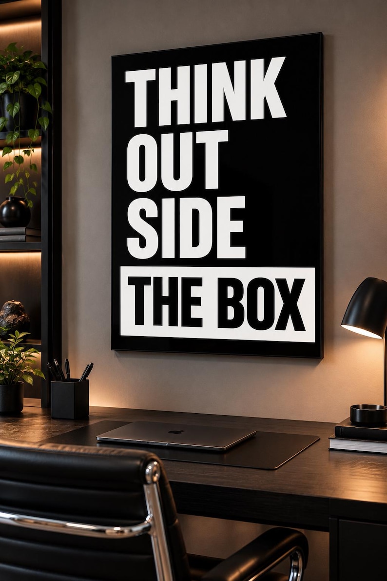 May include: A rectangular wall art print featuring a black background with the white text THINK OUT SIDE in a bold sans-serif font, followed by the text THE BOX in black letters on a white rectangular background block.