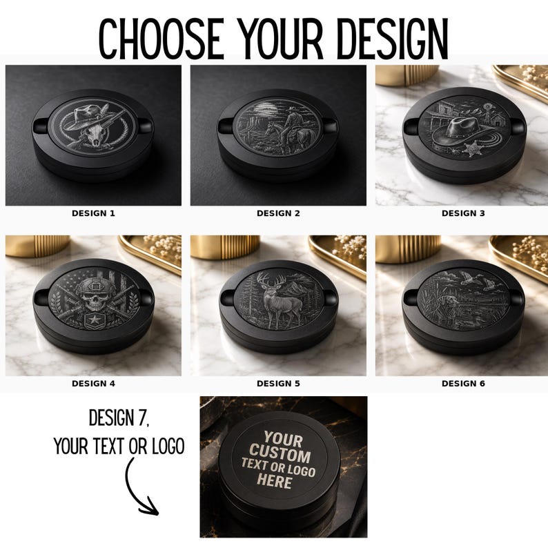 May include: A collection of seven round black ashtrays featuring various engraved designs including a skull with a hat, a cowboy on a horse, a western landscape, a military skull, a deer, a duck scene, and a custom text or logo option.