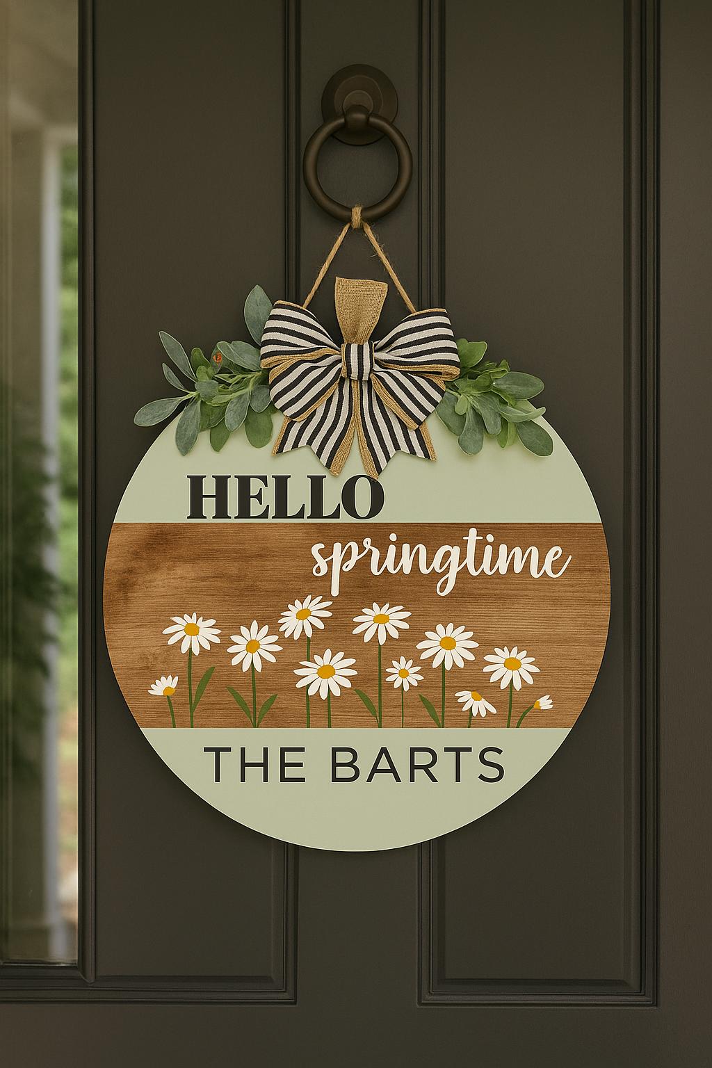 Personalized Spring Door Hanger - Custom Wood Round Sign - Hello ...
