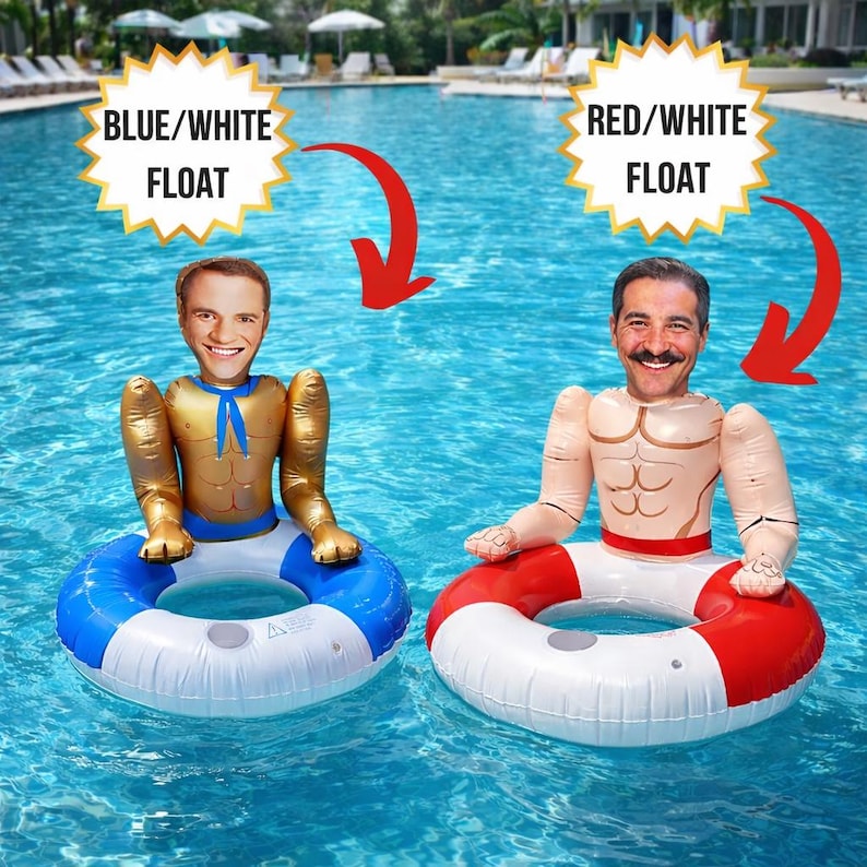 May include: Two inflatable pool floats, one blue and white, the other red and white, each with a cartoonish torso and a smiling face. The floats are in a swimming pool, with text above them that reads "BLUE/WHITE FLOAT" and "RED/WHITE FLOAT".