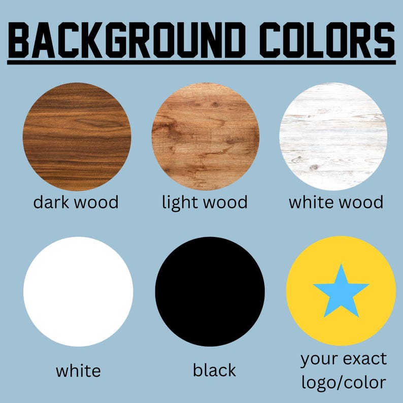 Pu&ograve; includere: Un grafico intitolato BACKGROUND COLORS che mostra sei opzioni circolari: legno scuro, legno chiaro, legno bianco, bianco solido, nero solido e un cerchio giallo con una stella blu etichettato your exact logo/color, su sfondo azzurro.