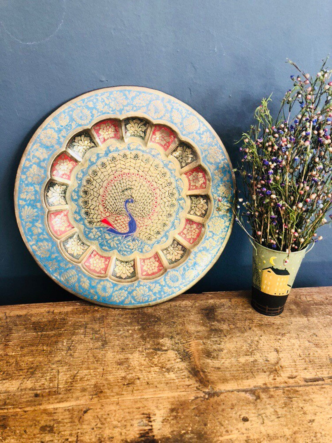 Metal wall plate with carved and painted peacock on it medium Etsy