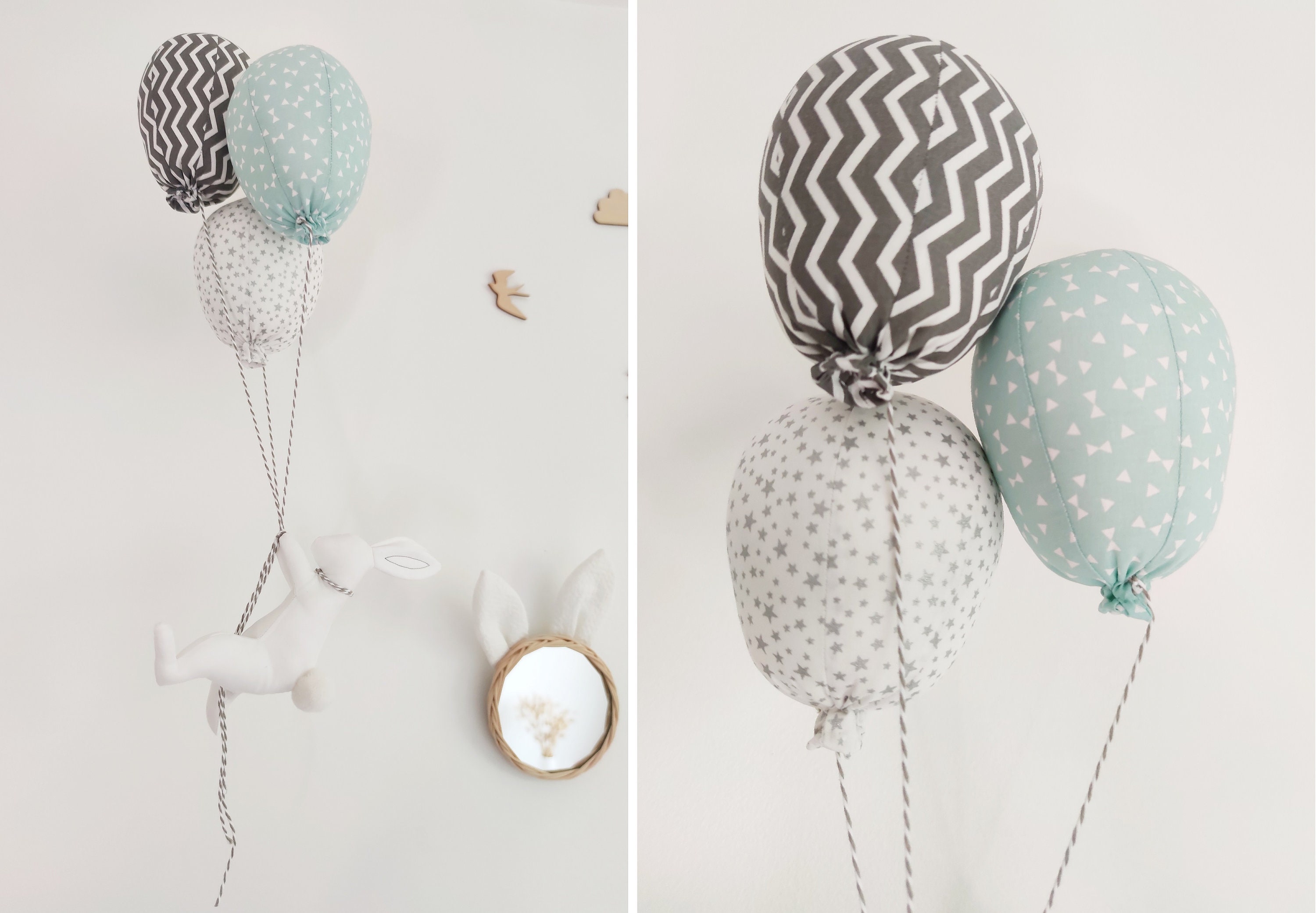 Mobile Lapin Ballons Vert Menthe et Gris en Coton Pour Décoration de Chambre d'enfant