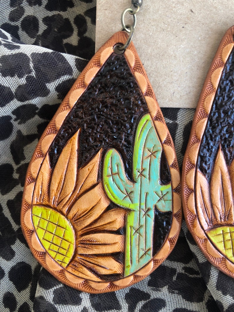 Cactus and Sunflower Tooled Leather Earrings | Etsy