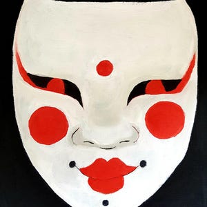 oIL pAINTING cANVAS fACE kABUKI mASK jAPANESE sPIRIT yOKAI rED bLACK wall art original art one of a kind