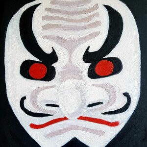 oIL pAINTING cANVAS sIGNED aRT fACE yOKAI aKUMA dEVIL jAPANESE MASK KABUKI BLACK wall art original art one of a kind