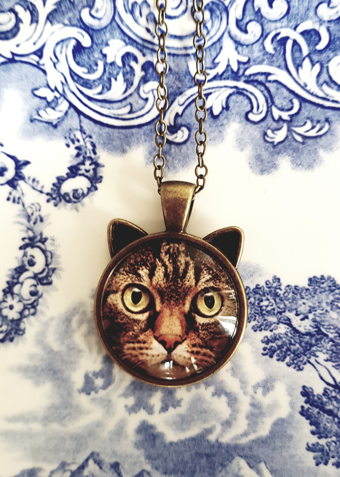 Tabby cat pendant chain necklace cat ears pendant bronze chain Etsy