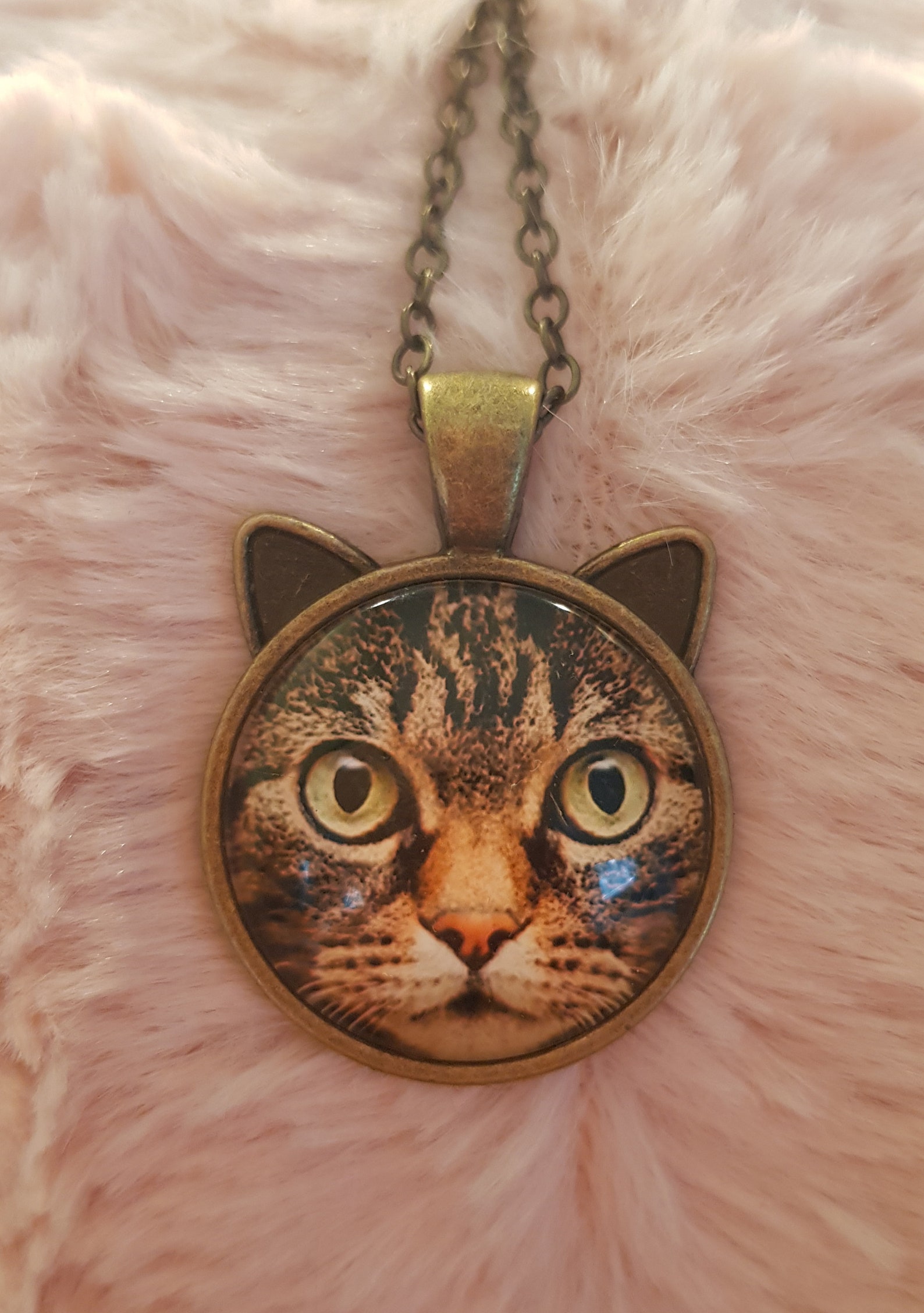 Tabby cat pendant chain necklace cat ears pendant bronze chain Etsy