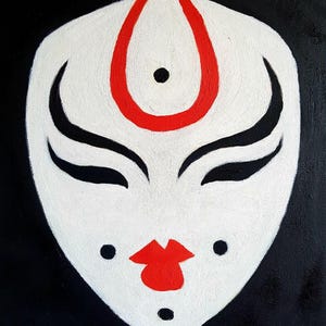 oRIGINAL oIL pAINTING fACE kABUKI mASK jAPANESE sPIRIT yOKAI rED SIGNED ART ASIA wall art one of a kind