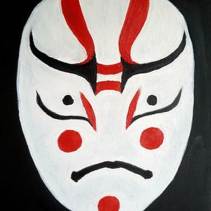 oIL pAINTING cANVAS fACE kABUKI mASK jAPANESE mAN yOKAI rED BLACK MALE SIGNED wall art original art one of a kind