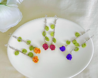 Micro Crochet Rose Earrings, Handmade Dangling Jewelry