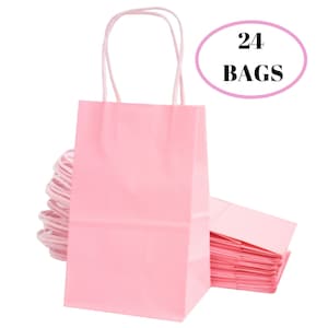 Kelkaa Party Sacs en papier kraft, 24 pièces 5,25 x 3,5 x 8,5 pouces, sacs-cadeaux avec anses pour cadeaux d'anniversaire, mariage, rose clair (petit)