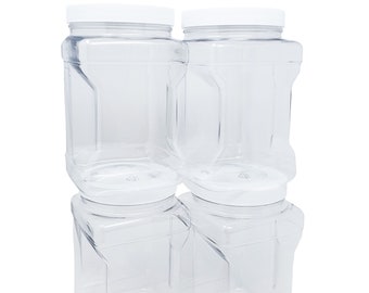 kelkaa 64oz Clear PET Plastic Square Wide Mouth Jars with Grip Handle and White Ribbed Lined Caps, Dried Food Canisters (Pack of 4)